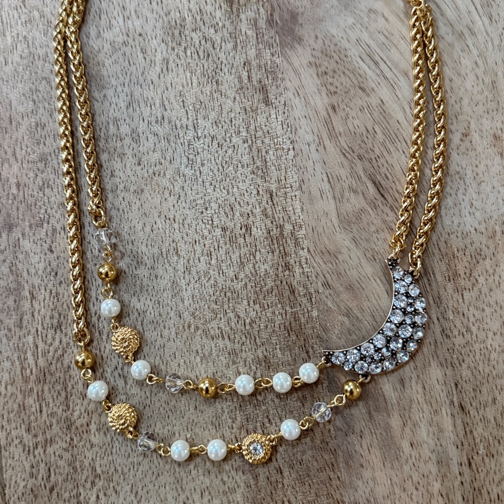 NWT, J. Crew Gold-Tone Crystal Crescent Necklace with Pearls